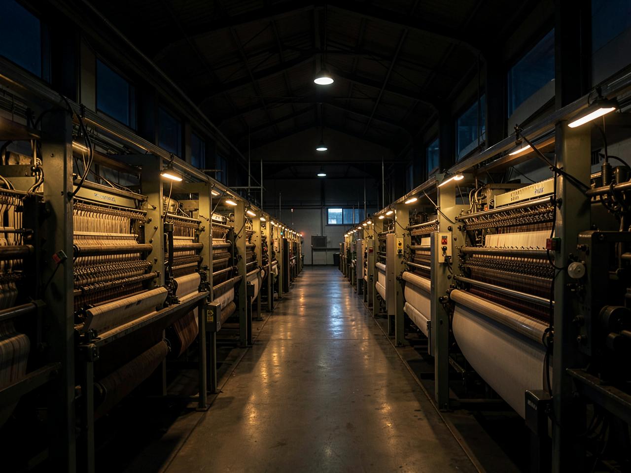 Rows of weaving looms inside the Le Merite process house at night