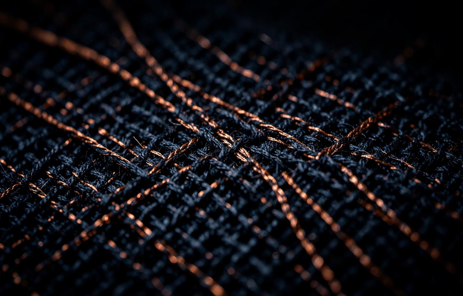 Macro view of dark woven technical fabric with copper threads